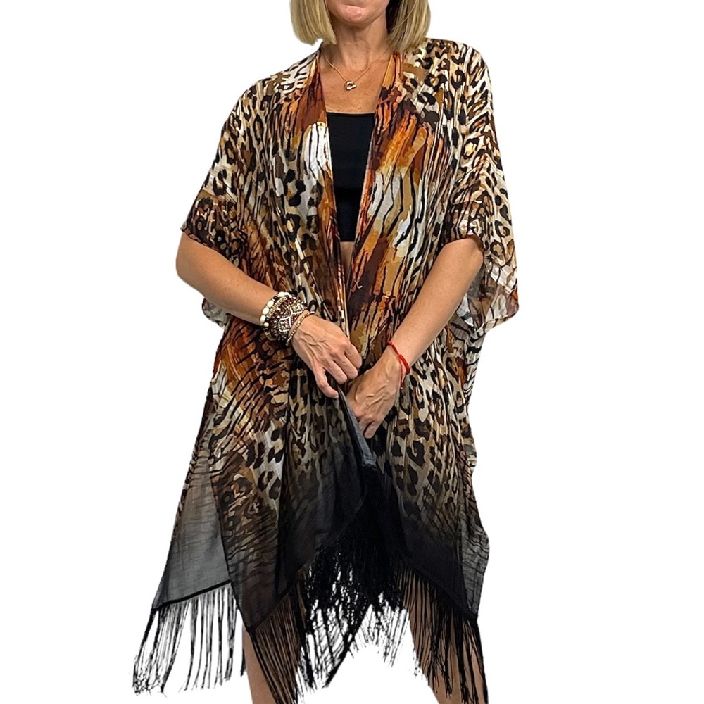Rosettes, Leopard Print Cover Up / Kimono w Side Slits And Flows Black Fringe